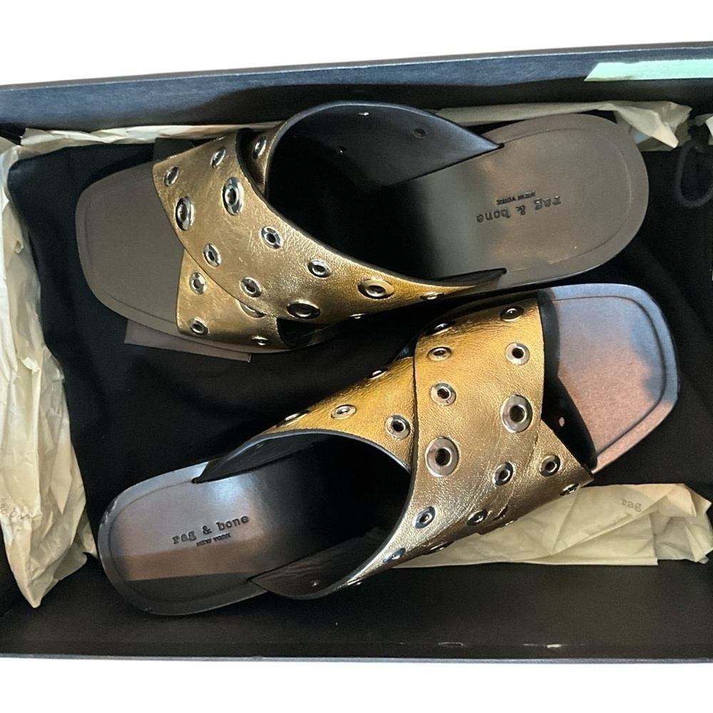 Rag & Bone Gold and Black Studded Mules - Picture 2 of 5